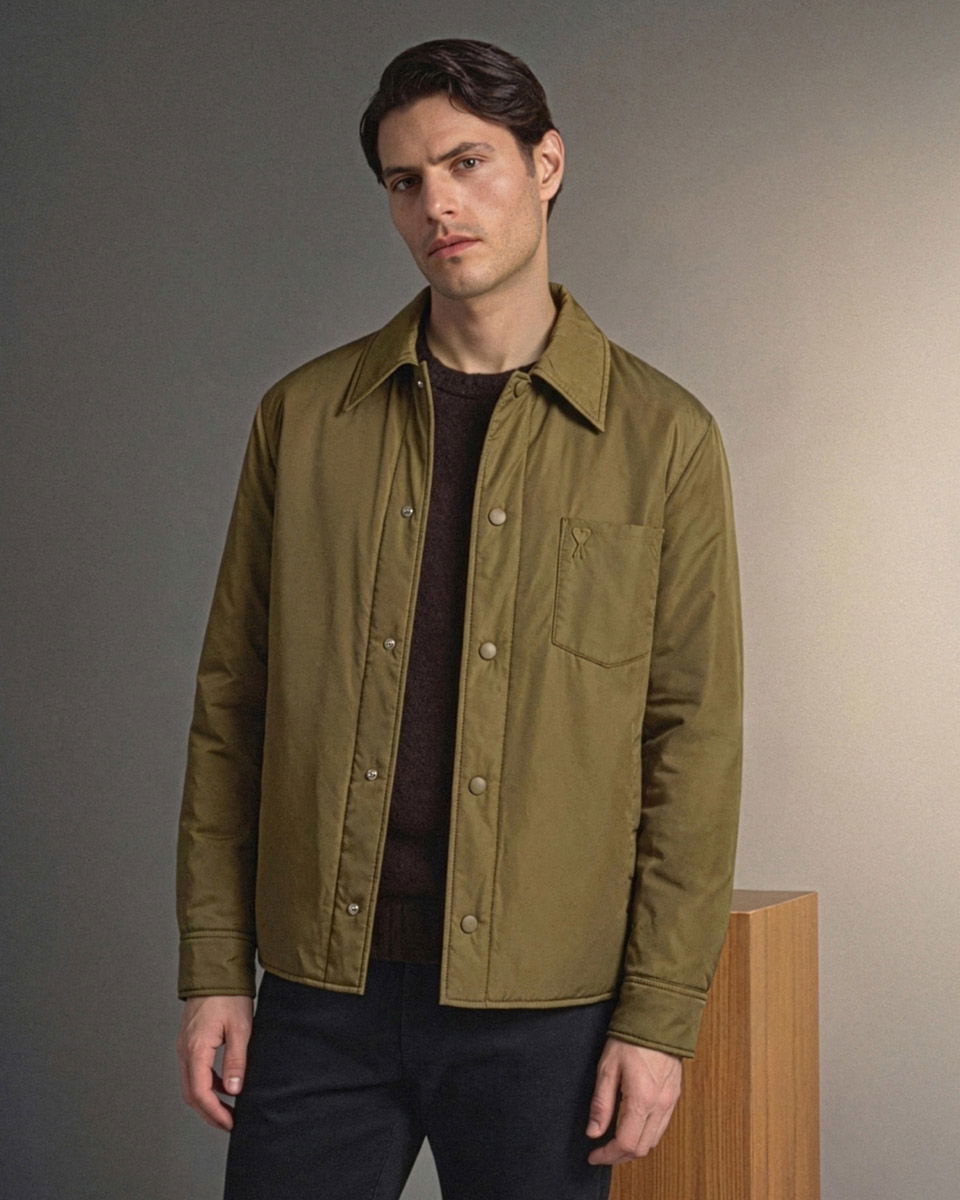 Mann mit dunklem Haar trägt olivgrüne Hemdjacke mit Knöpfen, darüber dunkler Pullover, vor grauem Hintergrund.