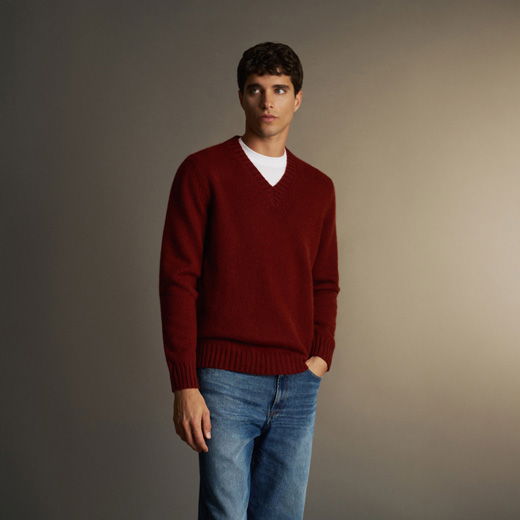 Mann mit dunklen Haaren trägt roten V-Ausschnitt-Pullover über weißem Shirt und blaue Jeans, vor neutralem Hintergrund.