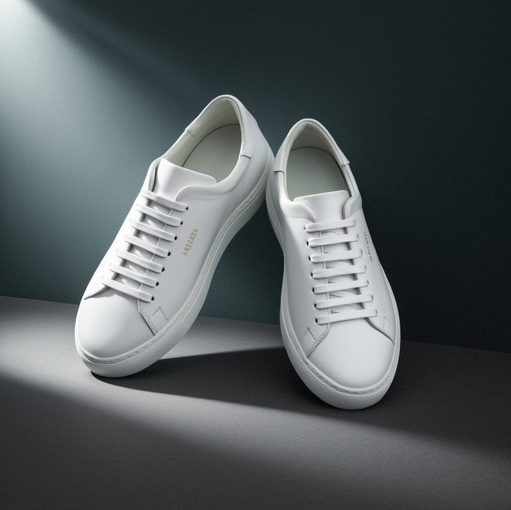 Weiße Herren-Leder-Sneaker mit goldener Designeraufschrift, an eine Wand gelehnt auf grauem Untergrund.