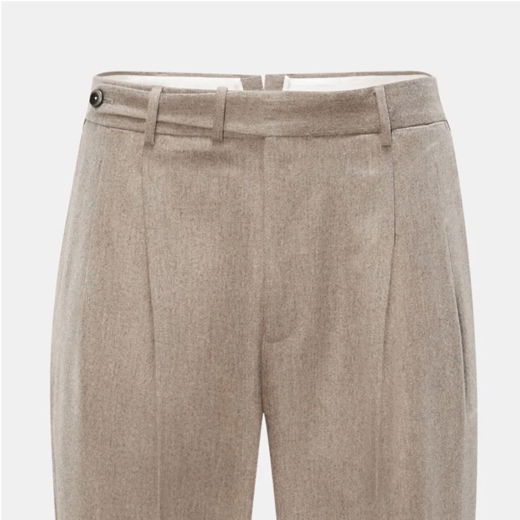 Beige melierte Herrenhose aus feinem Stoff, Vorderansicht mit Bund, Gürtelschlaufen und Knopfverschluss.