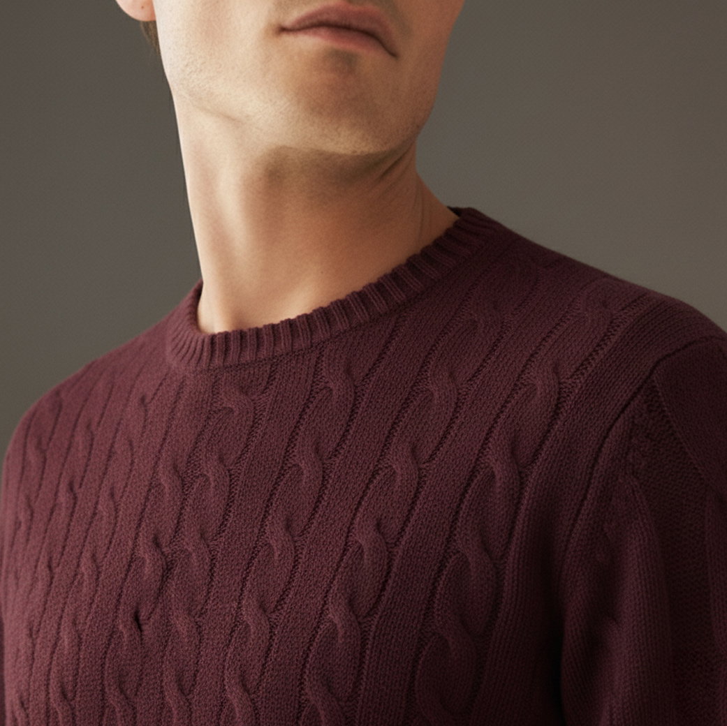 Mann mit hellem Teint trägt bordeauxroten Zopfstrick-Rundhalspullover, Gesicht teilweise angeschnitten, vor grauem Hintergrund. Mann mit hellem Teint trägt bordeauxroten Zopfstrick-Rundhalspullover, Gesicht teilweise angeschnitten, vor grauem Hintergrund.
