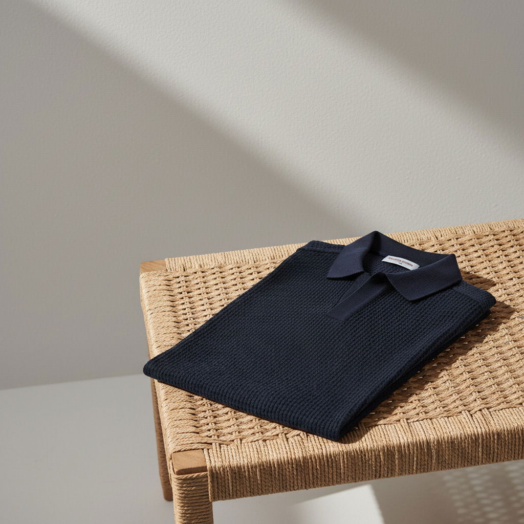 Gefaltetes dunkelblaues Strick-Polohemd aus Viskose auf einem geflochtenen Rattanhocker vor heller Wand.