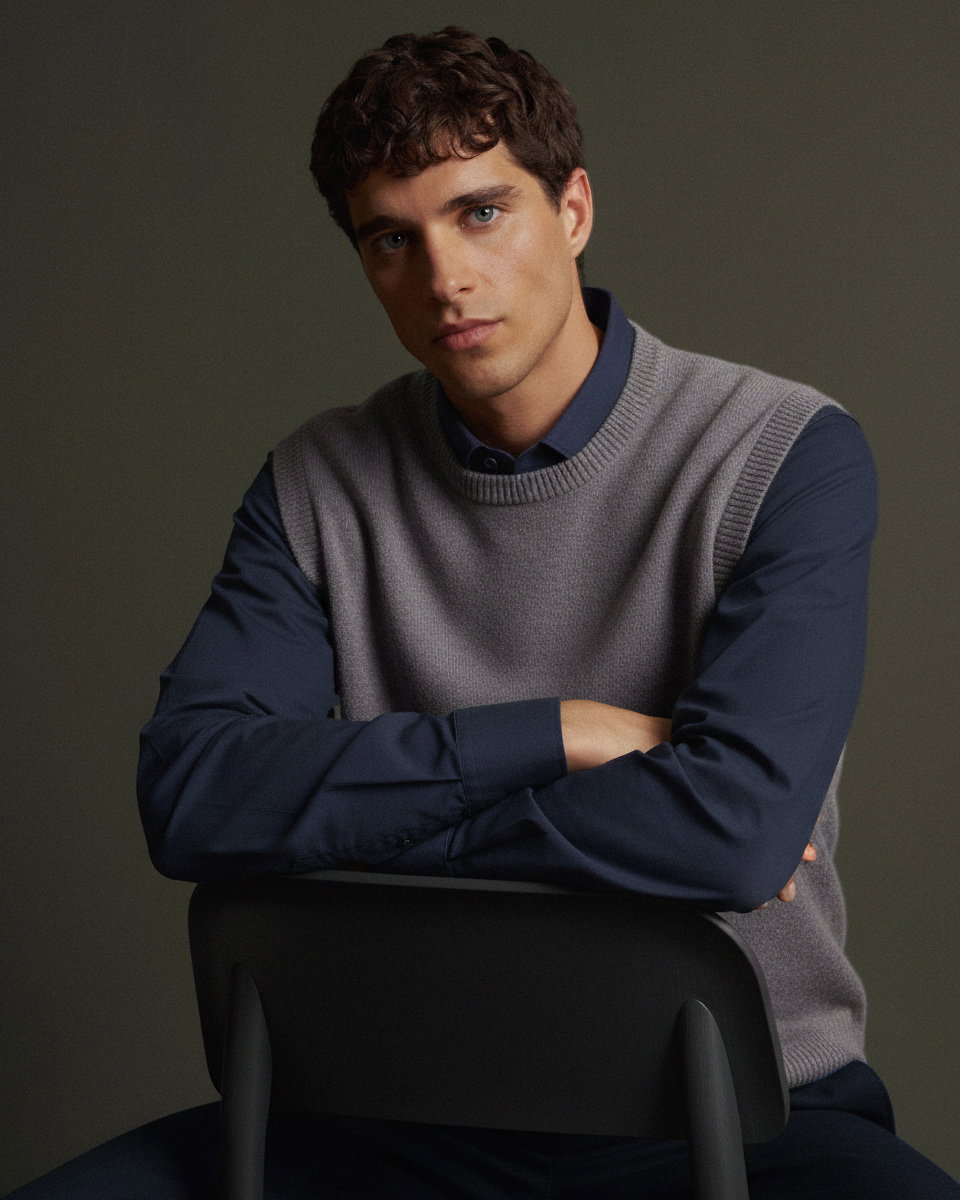 Junger Mann mit lockigem Haar, dunkelblauem Hemd und grauem Strickpullunder sitzt auf einem Stuhl, Arme auf Rücken gestützt.