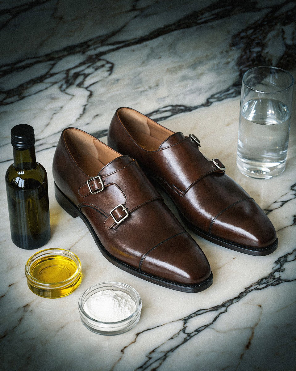Braune Glattleder-Monk-Schuhe mit Doppelschnalle auf Marmor, daneben Ölflasche, Schälchen mit Öl, weißem Pulver und Glas Wasser. Braune Glattleder-Monk-Schuhe mit Doppelschnalle auf Marmor, daneben Ölflasche, Schälchen mit Öl, weißem Pulver und Glas Wasser.