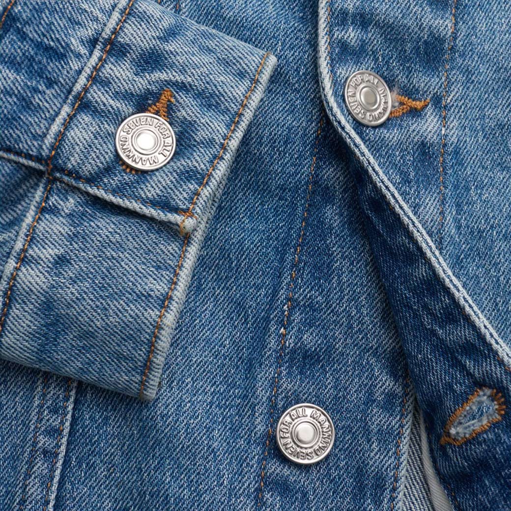 Detailansicht der Knopfleiste und Manschette einer blauen Herren-Jeansjacke mit metallischen Druckknöpfen.
