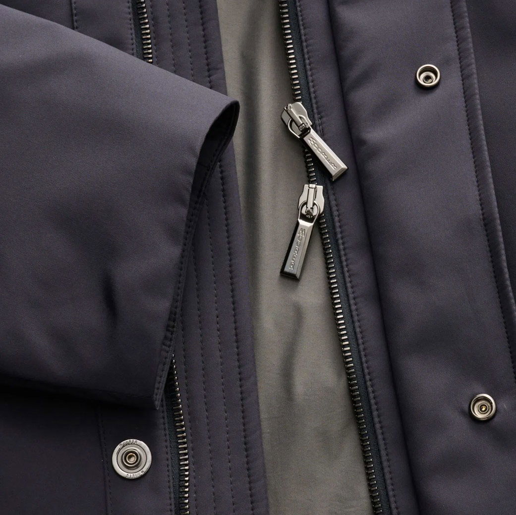 Detailaufnahme eines dunkelblauen Herrenjackenärmels mit Reißverschluss und silbernen Druckknöpfen.