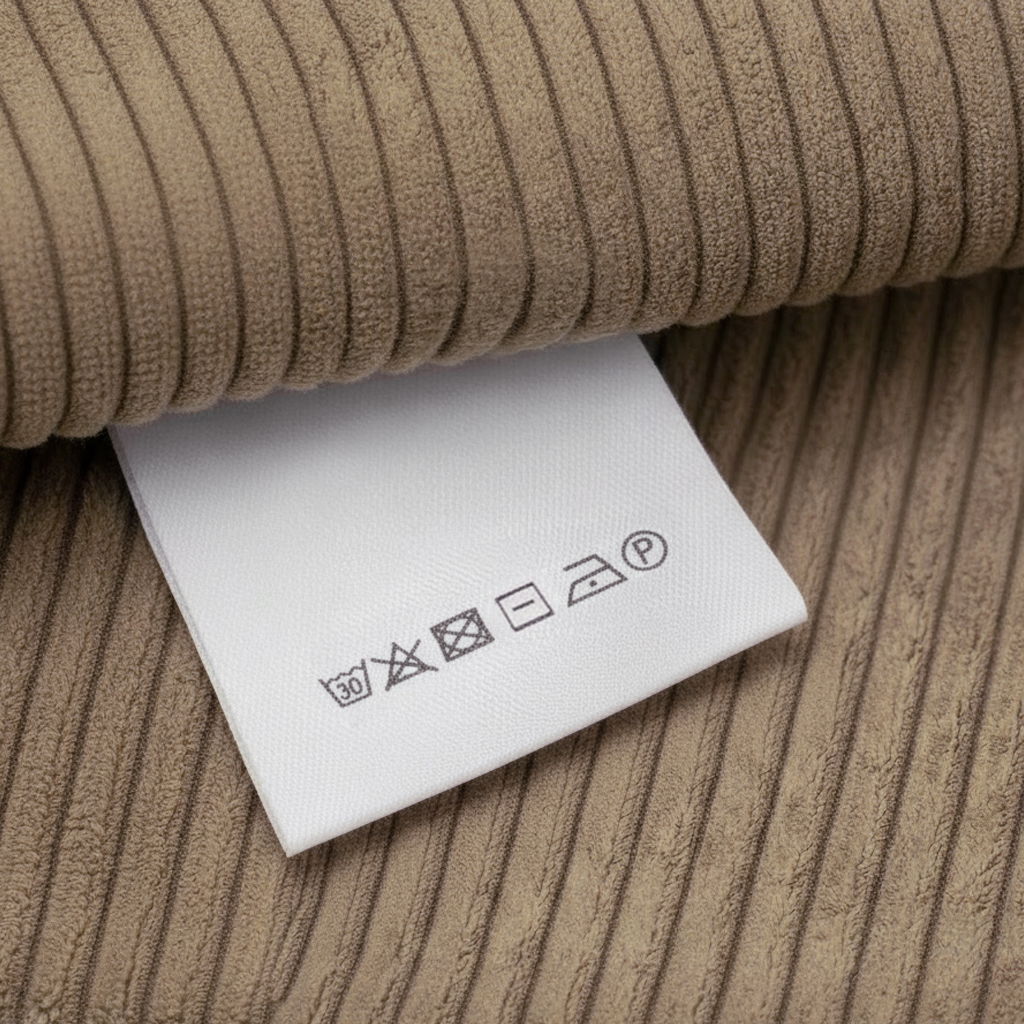 Beige Cordstoff mit weißem Waschlabel, das Symbole für Waschen bei 30°C, nicht bleichen, nicht im Trockner trocknen, bügeln und chemische Reinigung zeigt. Beige Cordstoff mit weißem Waschlabel, das Symbole für Waschen bei 30°C, nicht bleichen, nicht im Trockner trocknen, bügeln und chemische Reinigung zeigt.