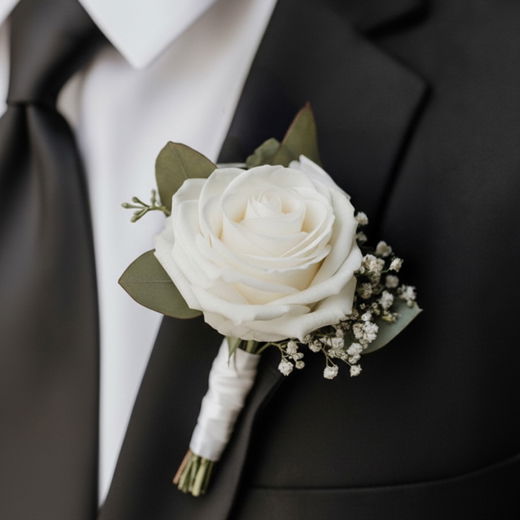 Detailaufnahme einer weißen Rosen-Ansteckblume mit Eukalyptus und Schleierkraut an einem schwarzen Bräutigamsanzug. Detailaufnahme einer weißen Rosen-Ansteckblume mit Eukalyptus und Schleierkraut an einem schwarzen Bräutigamsanzug.
