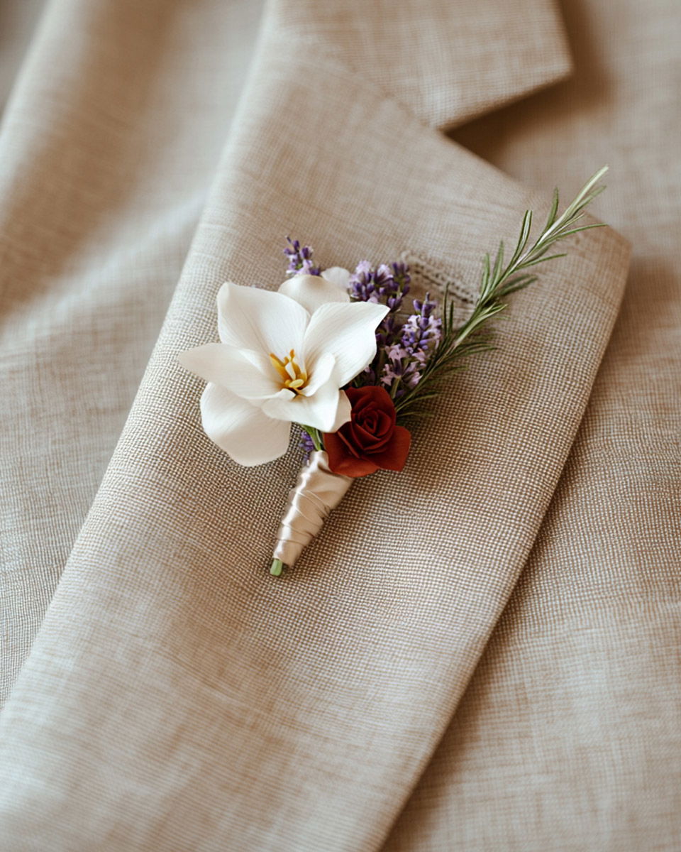 Boutonniere mit weißer Blüte, roter Rose, Lavendel und Rosmarinzweig an beigem Sakko-Revers.