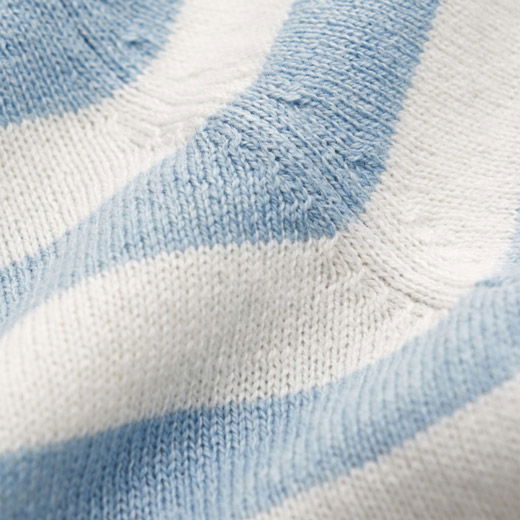 Detailaufnahme eines hellblau-weiß gestreiften Pullovers mit feinem, weichem Strickmuster und sichtbarer Maschenstruktur.