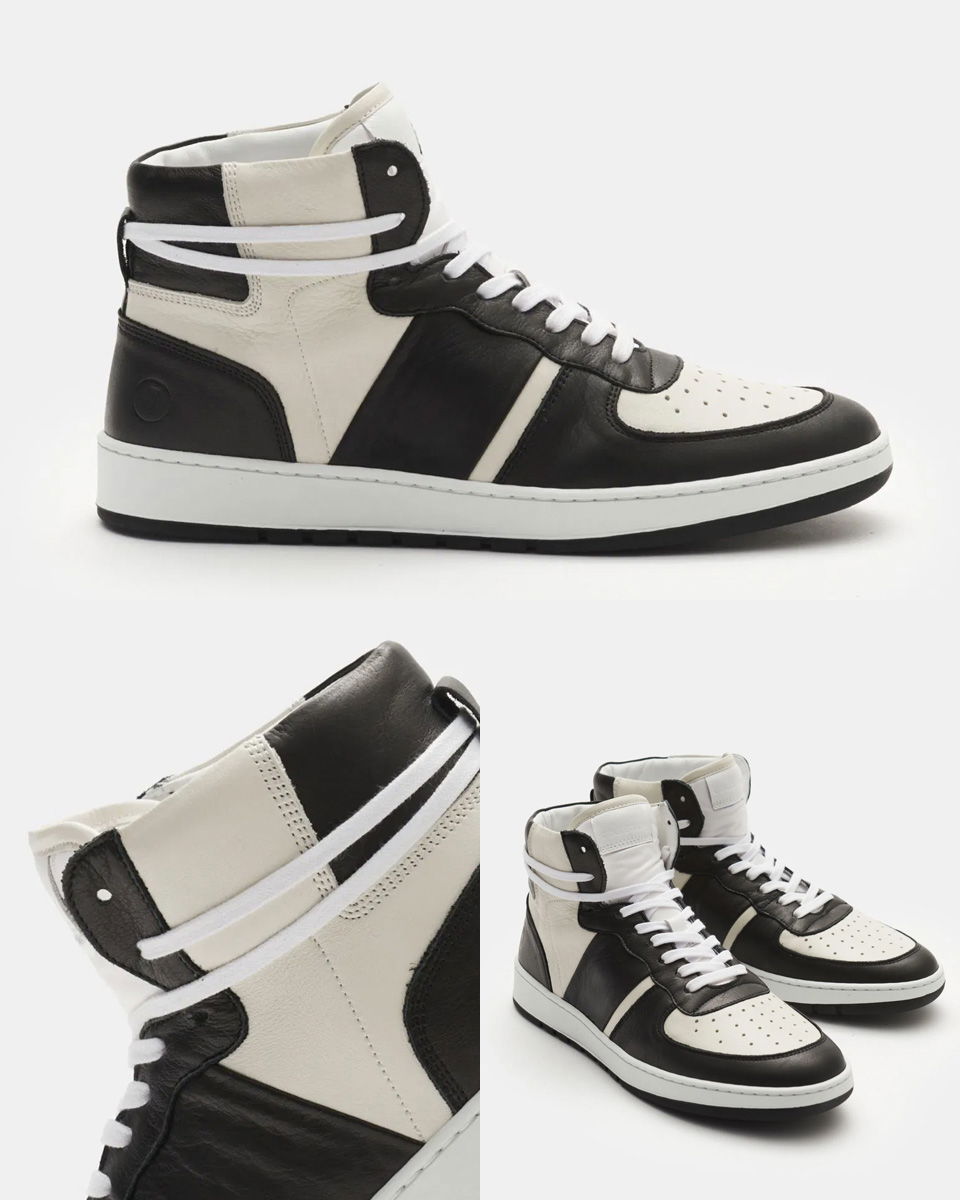 Drei Perspektiven eines schwarz-weißen High-Top-Sneakers aus Leder für Herren mit weißen Schnürsenkeln. Drei Perspektiven eines schwarz-weißen High-Top-Sneakers aus Leder für Herren mit weißen Schnürsenkeln.