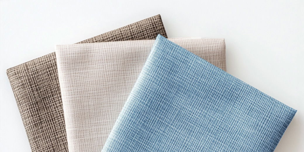 Drei übereinanderliegende Stoffmuster in braun, creme und hellblau mit feinem, gewebtem Linienmuster auf weißem Hintergrund.