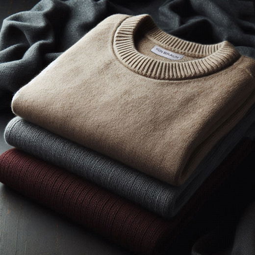 Drei gefaltete Herren-Rundhalspullover in Beige, Grau und Bordeaux auf dunklem Untergrund mit weichem Stoff im Hintergrund. Drei gefaltete Herren-Rundhalspullover in Beige, Grau und Bordeaux auf dunklem Untergrund mit weichem Stoff im Hintergrund.