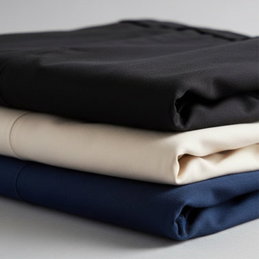 Drei ordentlich gefaltete Herren-Chinohosen in Schwarz, Creme und Blau liegen übereinander auf hellem Untergrund.