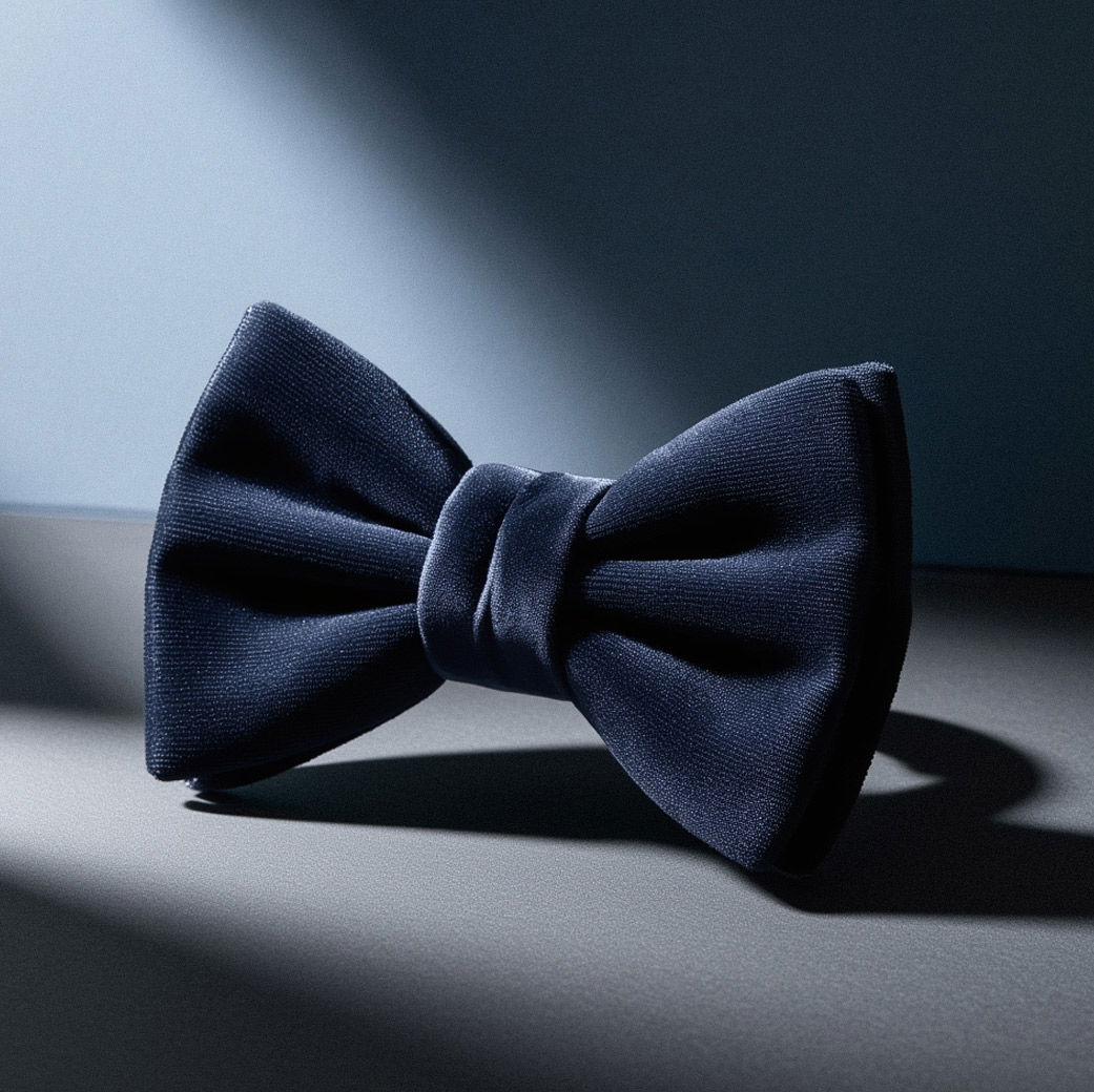 Dunkelblaue Samt-Smokingschleife liegt auf grauem Untergrund mit Schatten und hellem Lichtakzent im Hintergrund.