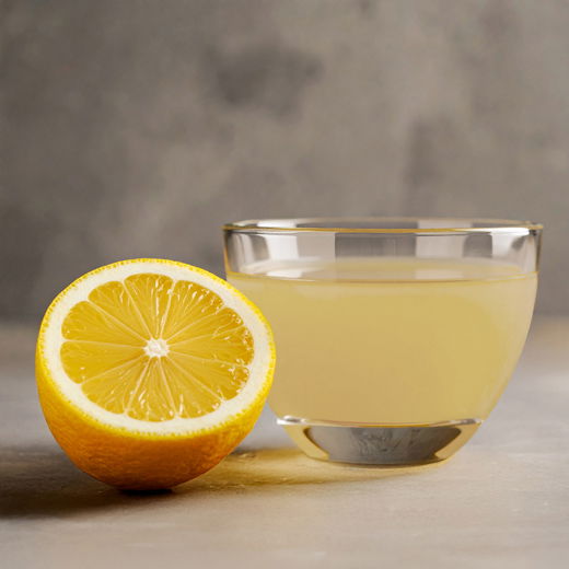 Ein Glas Zitronensaft neben einer halbierten Zitrone auf hellem Untergrund vor grauem Hintergrund.