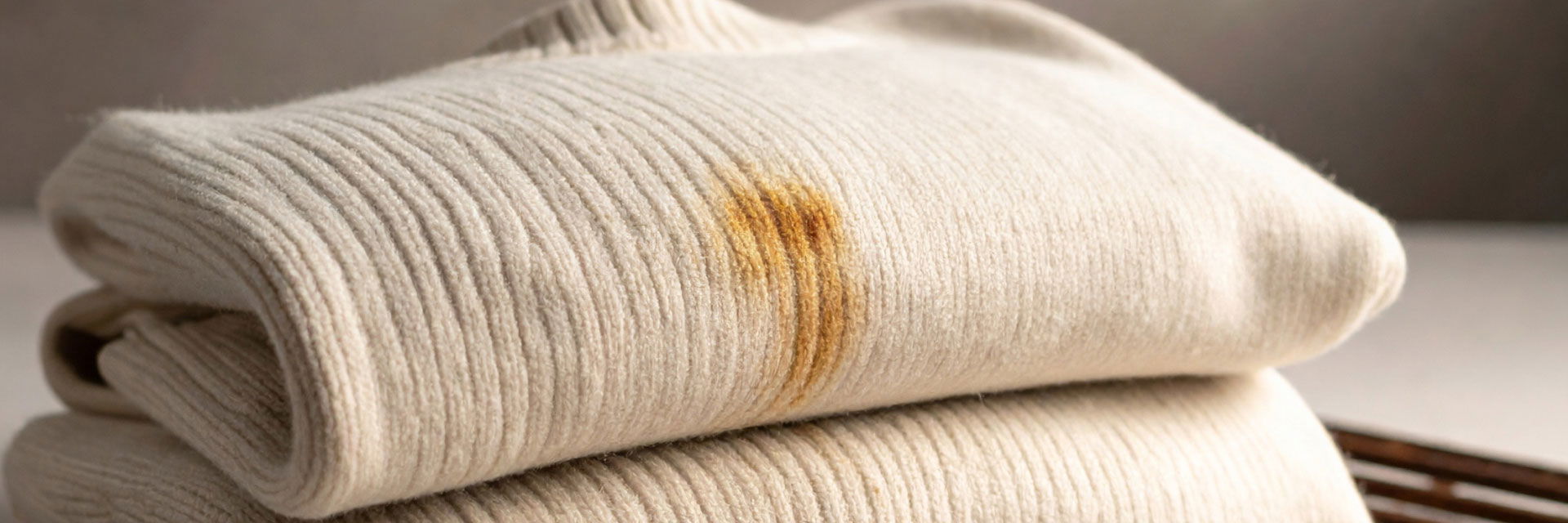 Beiger, gerippter, gefalteter Wollpullover mit sichtbarem Rostfleck auf einem hellen Untergrund, Nahaufnahme. Beiger, gerippter, gefalteter Wollpullover mit sichtbarem Rostfleck auf einem hellen Untergrund, Nahaufnahme.