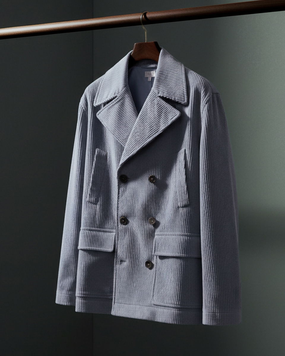 Hellblaue Cabanjacke aus Cord mit Doppelknopfreihe, großen Reverskragen und aufgesetzten Taschen an Kleiderstange. Hellblaue Cabanjacke aus Cord mit Doppelknopfreihe, großen Reverskragen und aufgesetzten Taschen an Kleiderstange.