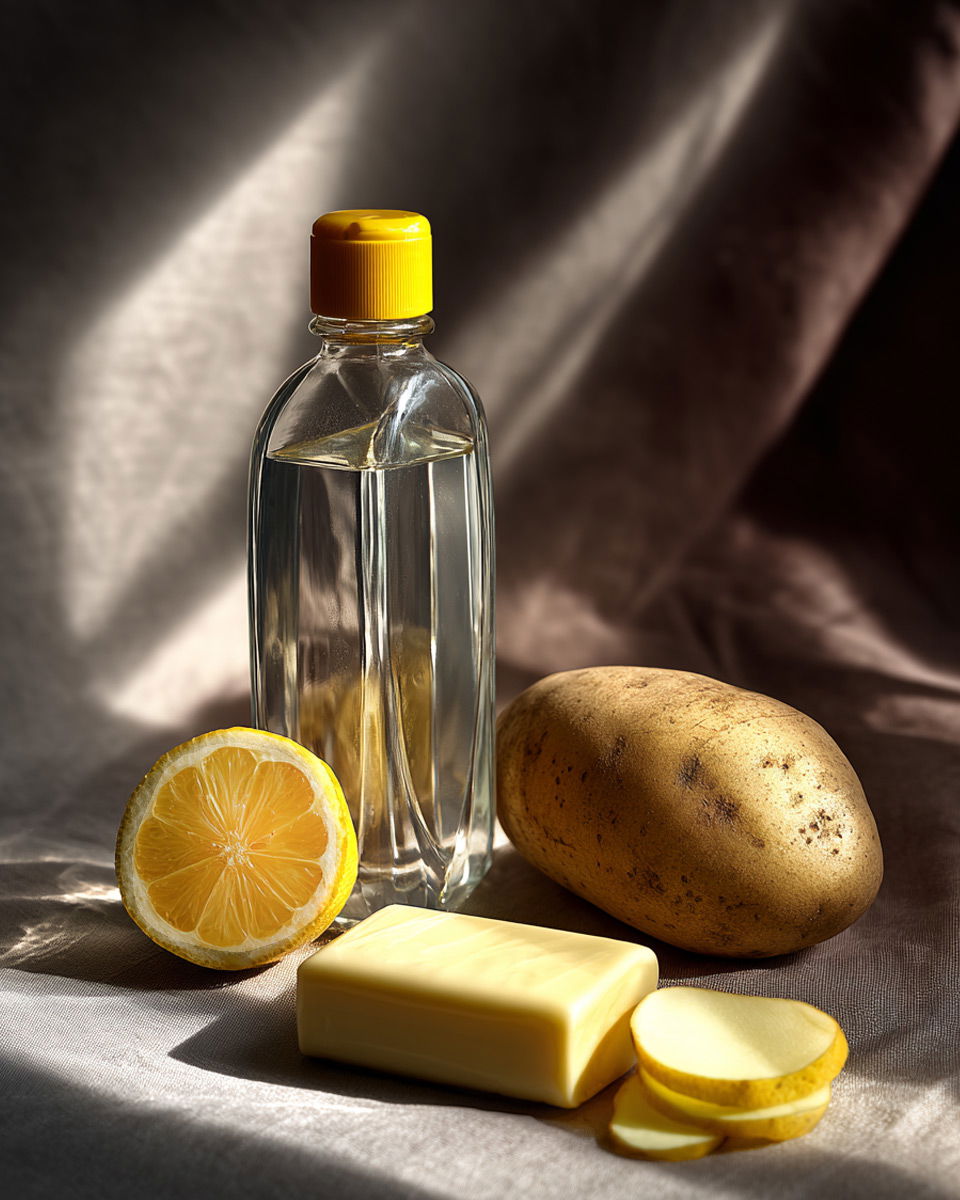 Flasche mit klarer Flüssigkeit, halbe Zitrone, ganze Kartoffel, geschnittene Kartoffelscheiben und Stück Gallseife auf Stoff.