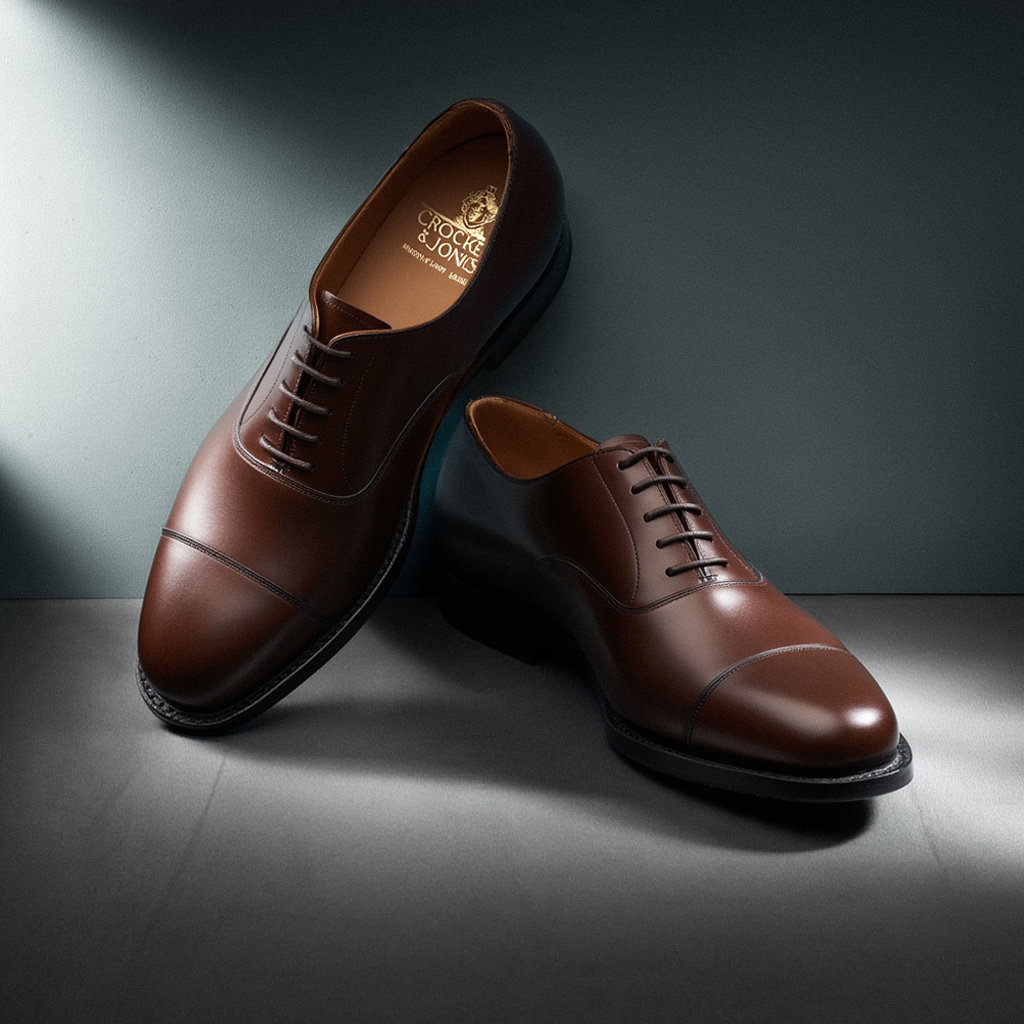 Elegante dunkelbraune Glattleder-Herrenschnürer, ein Schuh steht an die Wand gelehnt, der andere liegt flach auf grauem Boden.