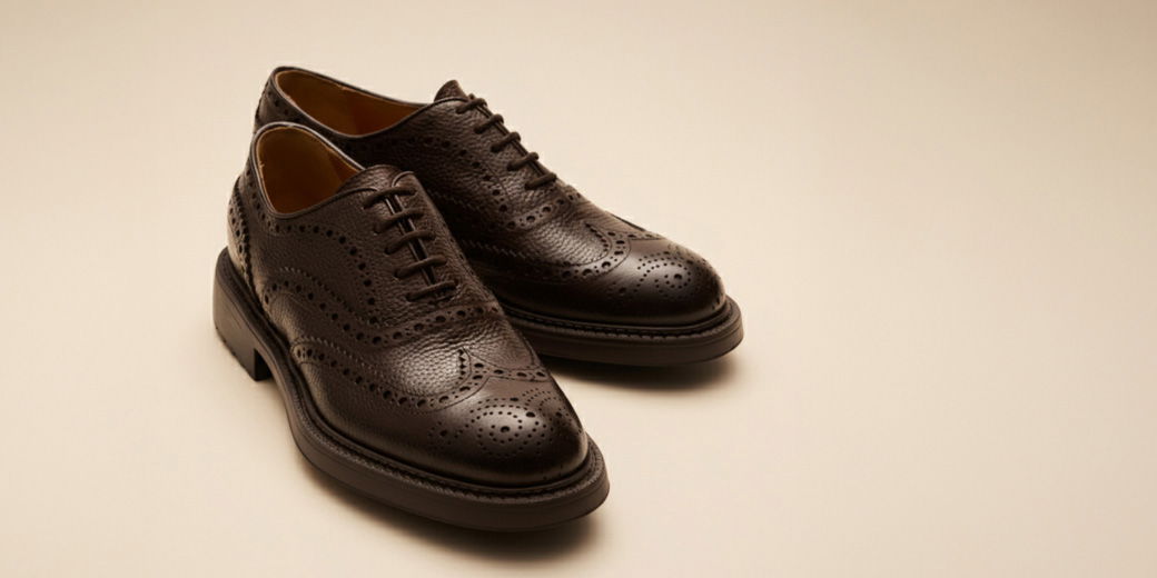Braune Herren-Leder-Oxfords mit aufwändigen Broguing-Details, geschlossene Schnürung und strukturierte Oberfläche. Braune Herren-Leder-Oxfords mit aufwändigen Broguing-Details, geschlossene Schnürung und strukturierte Oberfläche.