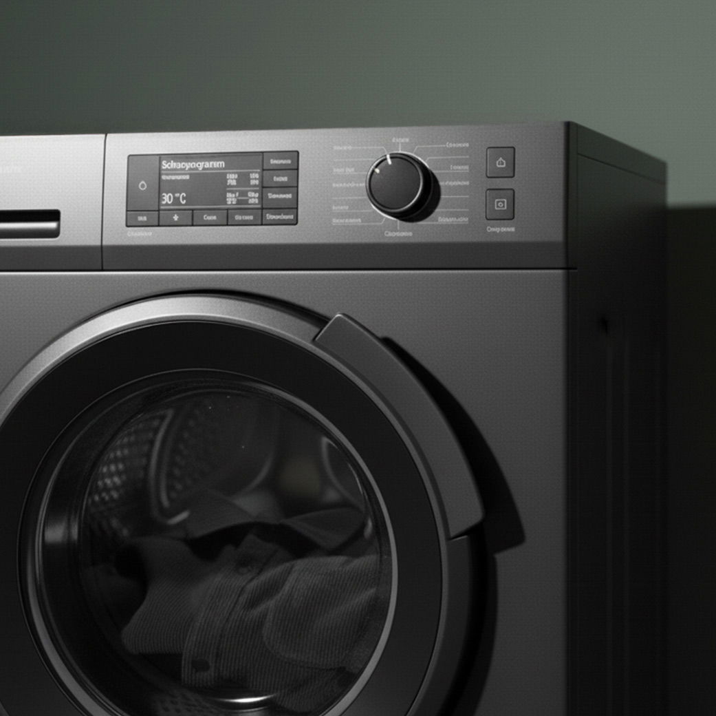 Frontansicht einer schwarzen Waschmaschine mit digitalem Display und Cord-Textil in der Trommel bei 30 Grad. Frontansicht einer schwarzen Waschmaschine mit digitalem Display und Cord-Textil in der Trommel bei 30 Grad.