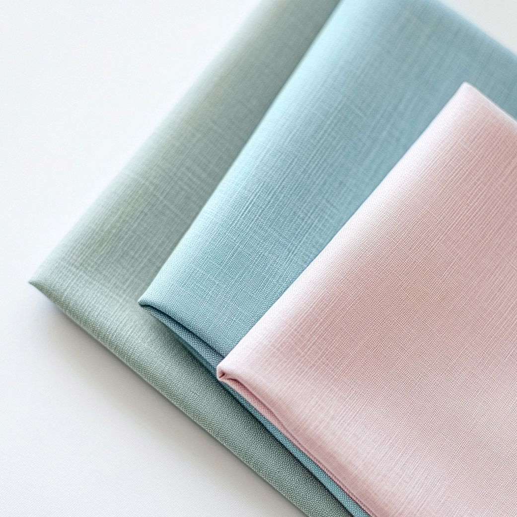 Gefaltete Stoffstücke in den Farben Mintgrün, Pastellblau und Rosé mit feiner, strukturierter Oberfläche auf weißem Hintergrund.