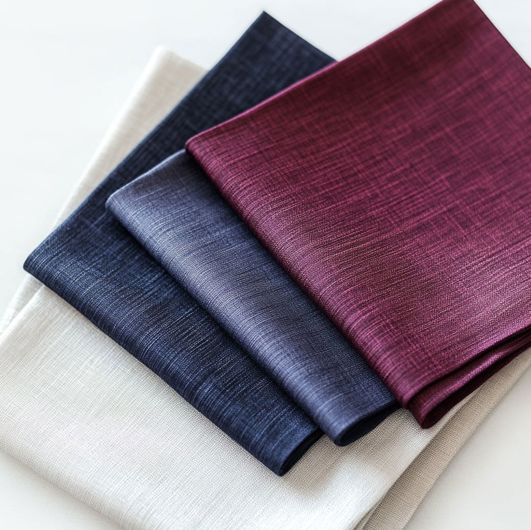 Gefaltete Stoffstücke in Weiß, Jeansblau, Dunkelblau und Bordeauxrot mit feiner Struktur auf weißem Untergrund.