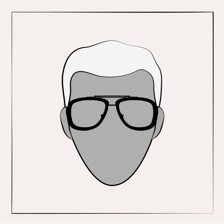 Illustration eines dreieckigen Herren-Gesichts mit weißem Haar und schwarzer, eckiger Brillenfassung.