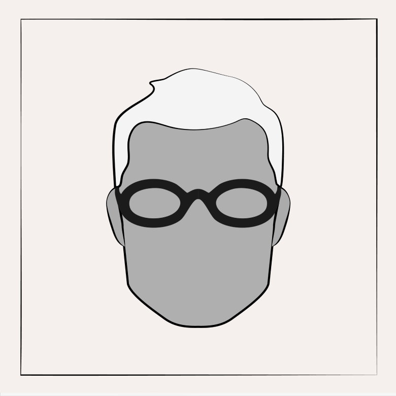 Männliches Gesicht mit eckiger Gesichtsform und ovaler, schwarzer Brille, stilisierte Grafik in Grau und Weiß.