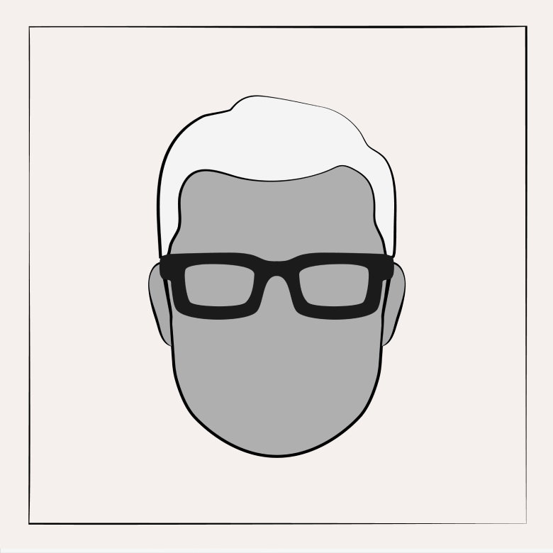 Männliches Gesicht mit rundem Kopf, graue Flächendarstellung, weißes Haar, schwarze rechteckige Brille, minimalistische Grafik.
