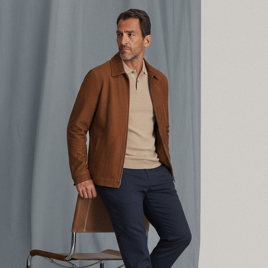 Mann lehnt an Stuhl, trägt braune Jacke, beiges Strickpolo und navyblaue Hose, graublauer Hintergrund. Mann lehnt an Stuhl, trägt braune Jacke, beiges Strickpolo und navyblaue Hose, graublauer Hintergrund.