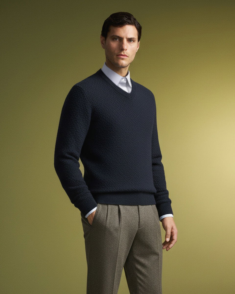 Mann mit dunkelblauem V-Neck-Pullover, hellblauem Hemd und brauner Hose vor grünem Hintergrund.