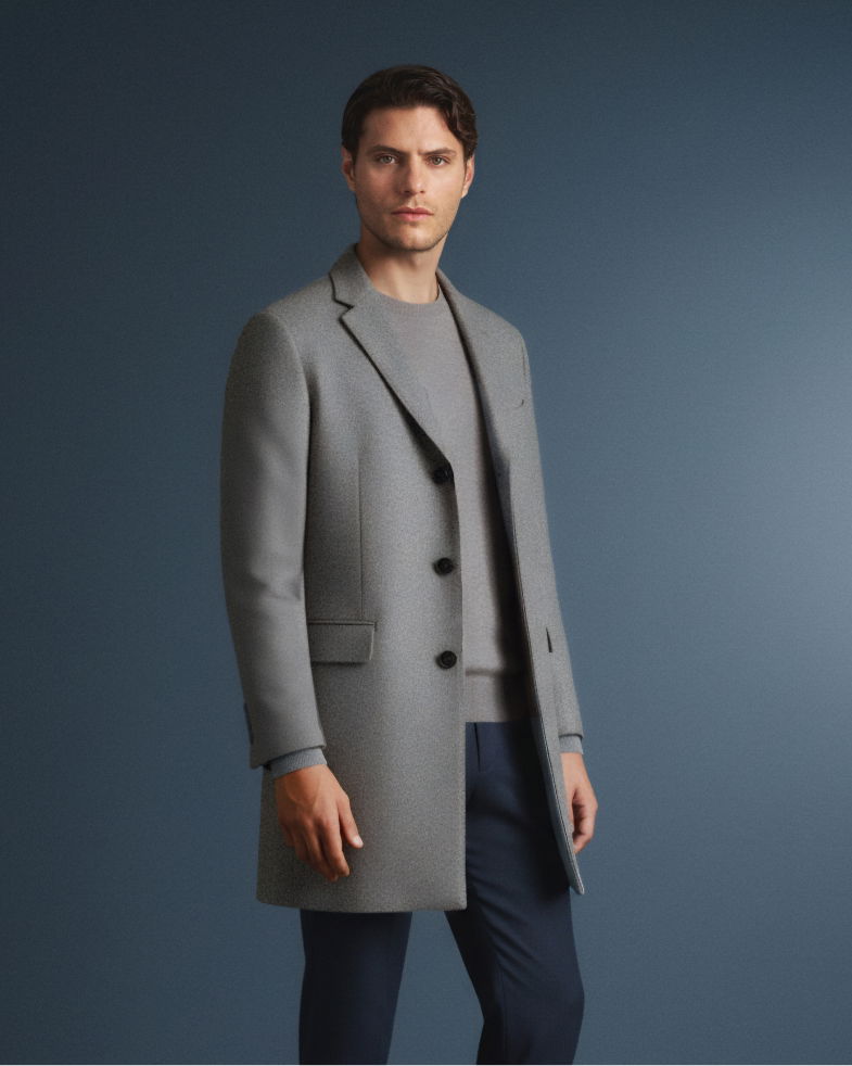 Mann trägt grauen Mantel über grauem Pullover und dunkelblauer Chinohose vor blauem Hintergrund, Blick geradeaus.