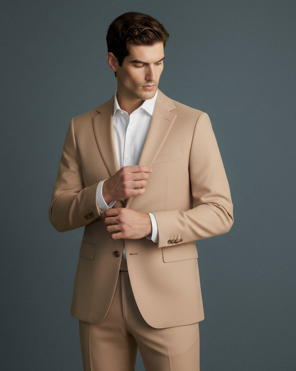Mann trägt beigefarbenen Anzug und weißes Hemd, schaut nach unten, hält Jackettknopf, vor neutralem grauen Hintergrund.
