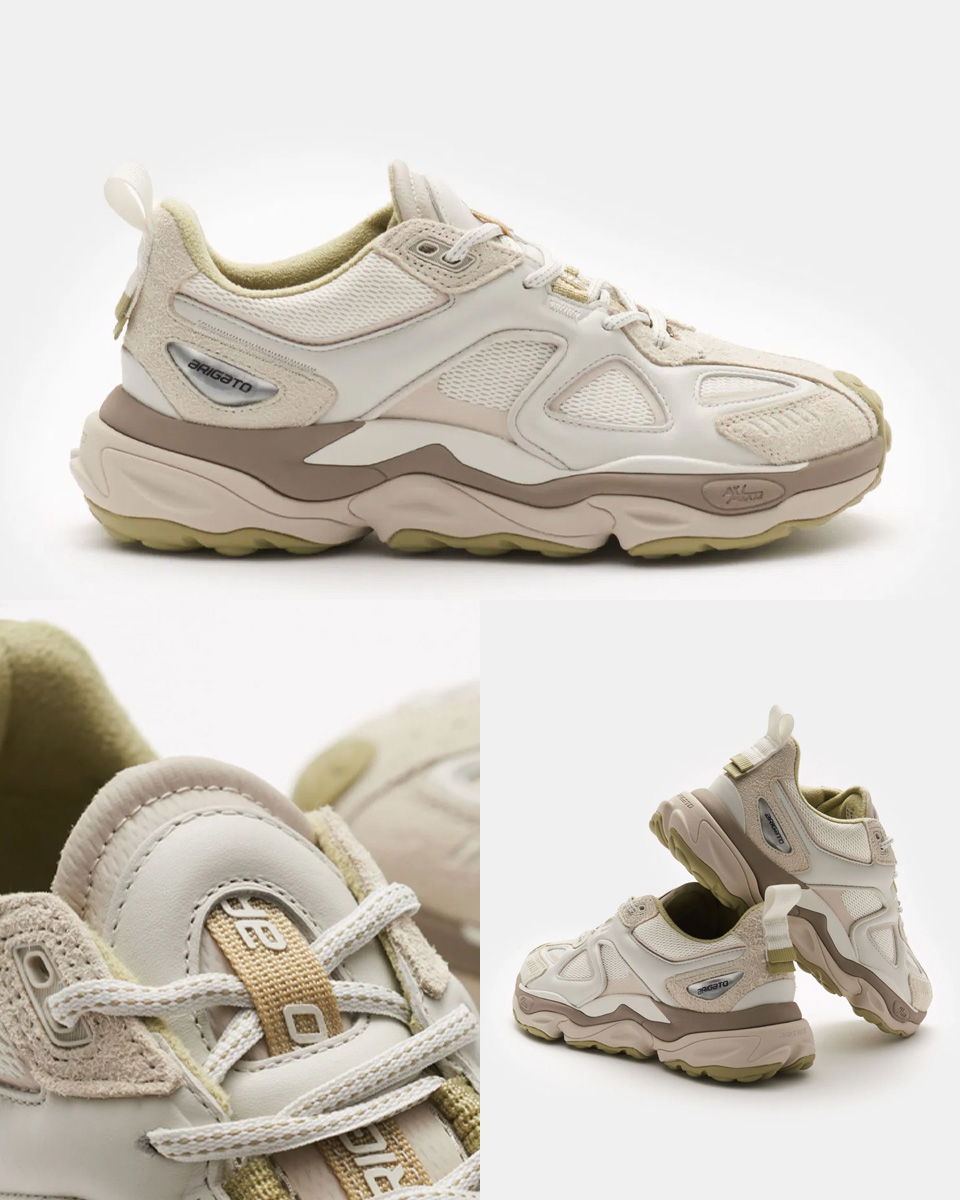 Herren-Sneaker in Weiß und Beige mit Wabendesign, brauner Sohle, seitlicher Logo-Plakette und Detailansicht der Schnürung. Herren-Sneaker in Weiß und Beige mit Wabendesign, brauner Sohle, seitlicher Logo-Plakette und Detailansicht der Schnürung.