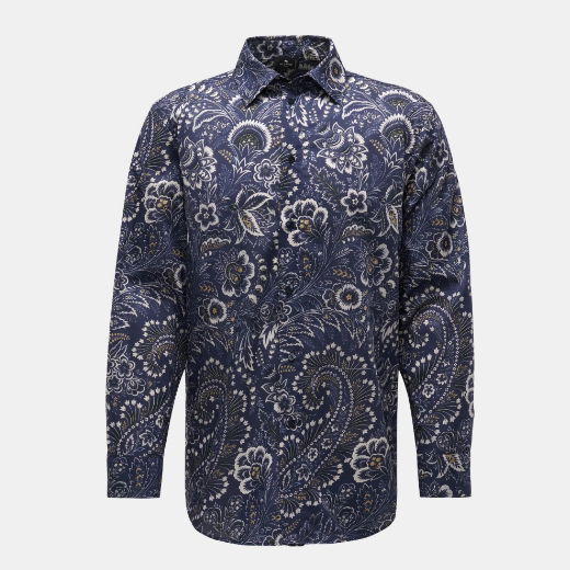 Herrenhemd mit schmalem Kragen, navyblau mit offwhite floralem Paisley-Muster, langärmlig, elegante Passform. Herrenhemd mit schmalem Kragen, navyblau mit offwhite floralem Paisley-Muster, langärmlig, elegante Passform.