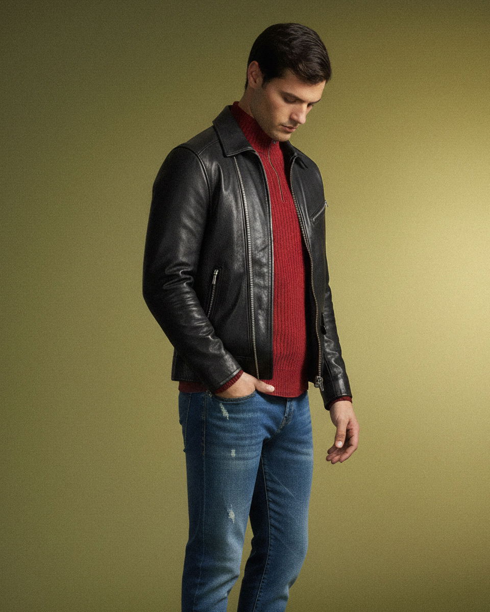 Mann trägt schwarze Lederjacke, roten Pullover mit Reißverschluss und blaue, leicht zerstörte Jeans vor grünem Hintergrund.