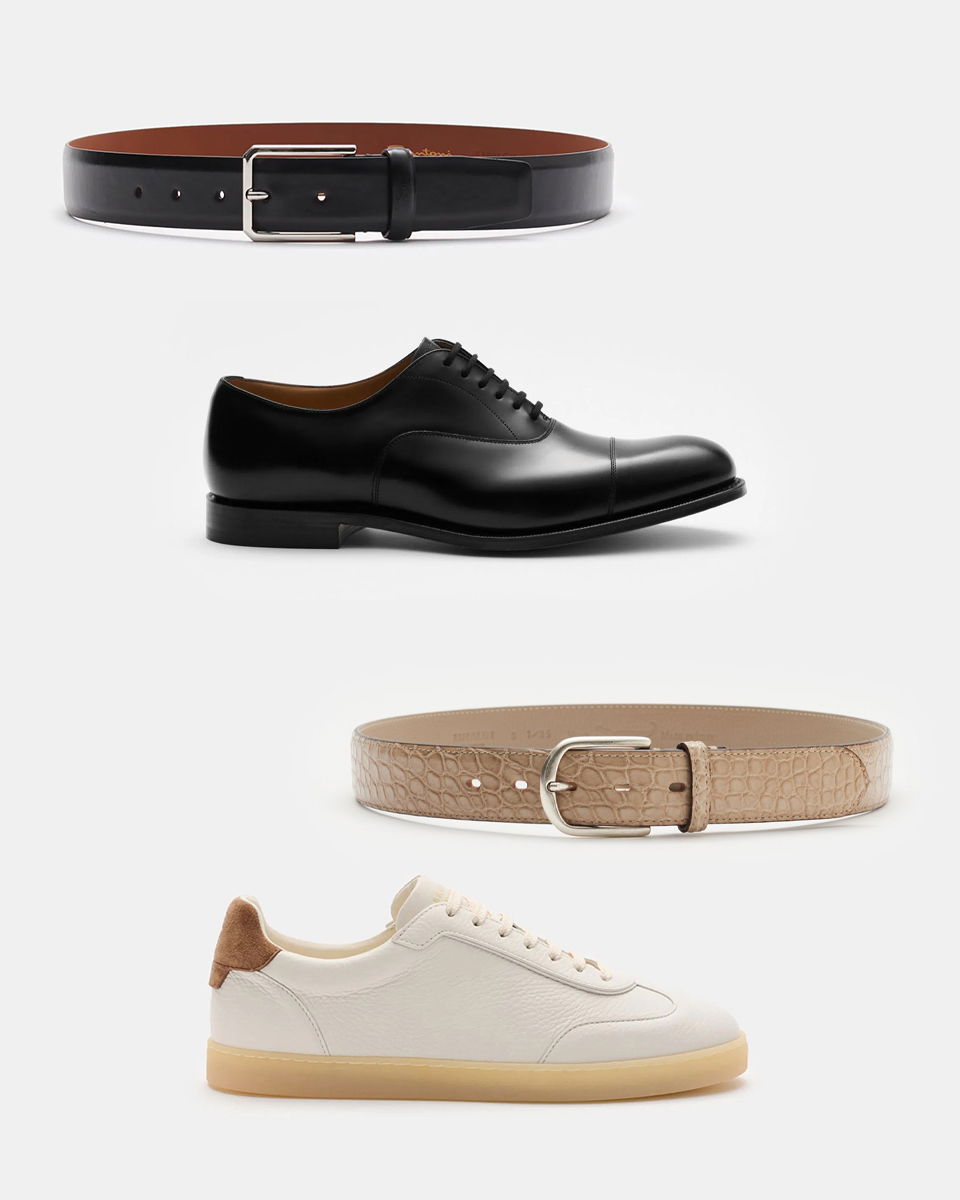 Schwarzer Ledergürtel mit silberner Schnalle, schwarzer Schnürschuh, beiger Ledergürtel mit Kroko-Prägung, weißer Sneaker mit braunem Fersenpatch.