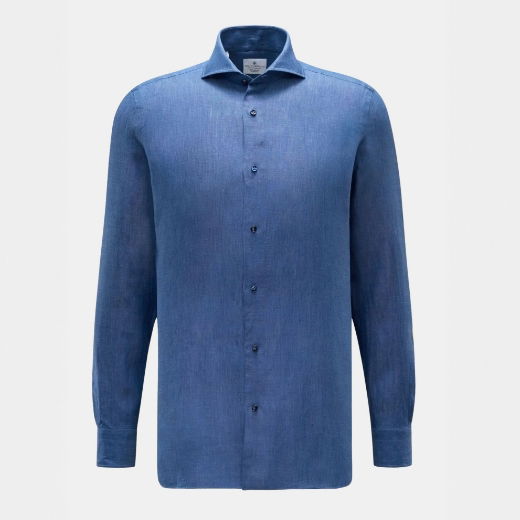 Leinenhemd für Herren in blau mit Haifisch-Kragen Leinenhemd für Herren in blau mit Haifisch-Kragen