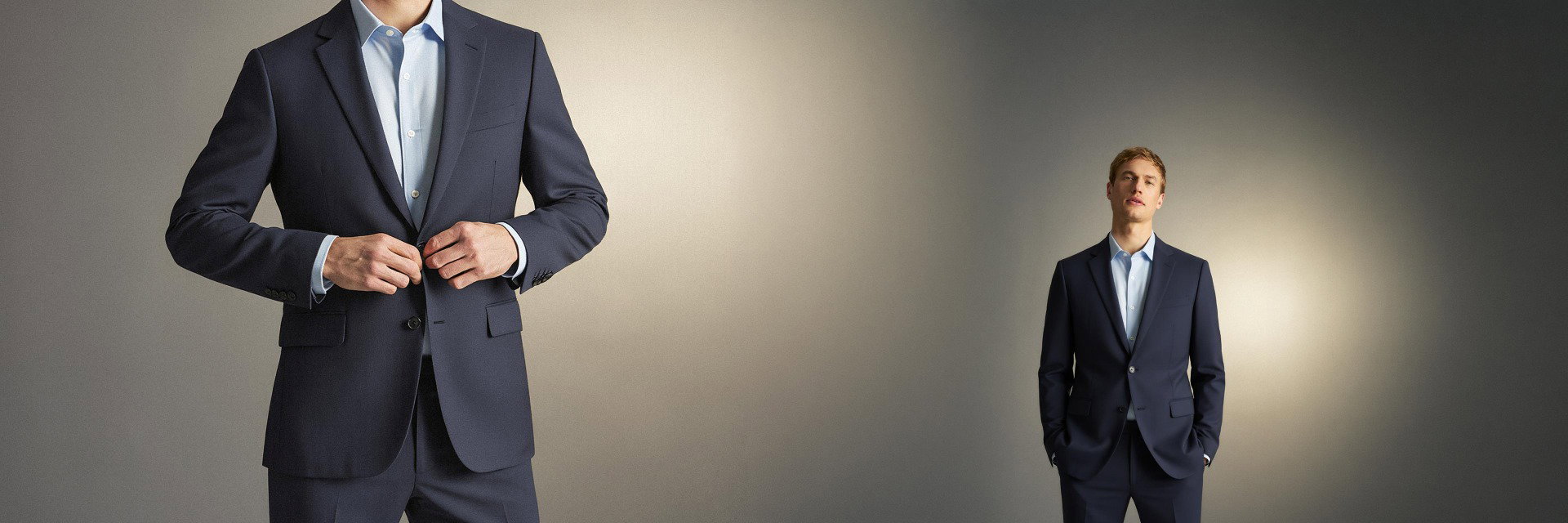 Mann in dunkelblauem Anzug mit hellblauem Hemd, Nahaufnahme beim Knöpfen und Ganzkörperansicht vor neutralem Hintergrund. Mann in dunkelblauem Anzug mit hellblauem Hemd, Nahaufnahme beim Knöpfen und Ganzkörperansicht vor neutralem Hintergrund.