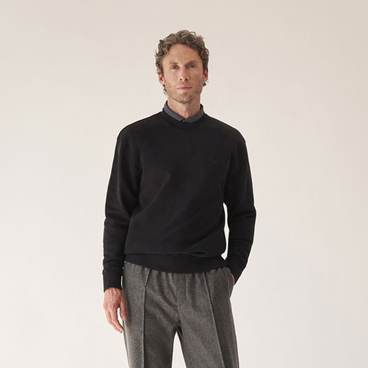 Mann steht vor hellem Hintergrund, trägt schwarzen Rundhalspullover, dunkelgraues Hemd und graue Hose, linke Hand in Tasche. Mann steht vor hellem Hintergrund, trägt schwarzen Rundhalspullover, dunkelgraues Hemd und graue Hose, linke Hand in Tasche.