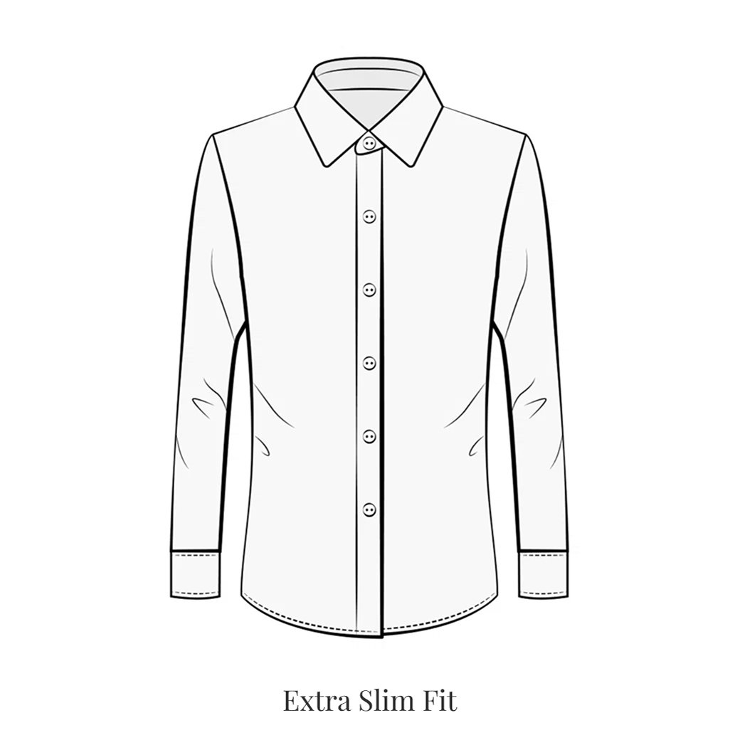 Technische Zeichnung eines extra slim fit Hemdes mit Kragen, Knopfleiste, langen Ärmeln und Manschetten, Frontansicht.
