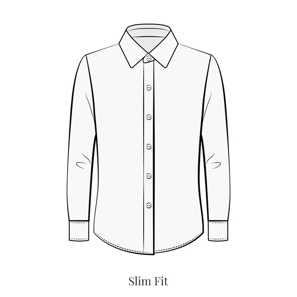 Technische Zeichnung eines Slim Fit Hemdes mit Kragen, Knopfleiste und langen Ärmeln, Vorderansicht in Schwarz-Weiß.