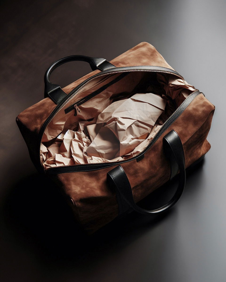 Braune Veloursleder-Weekender-Tasche mit schwarzen Griffen, geöffnet und mit zerknittertem Packpapier ausgepolstert, auf dunklem Boden.