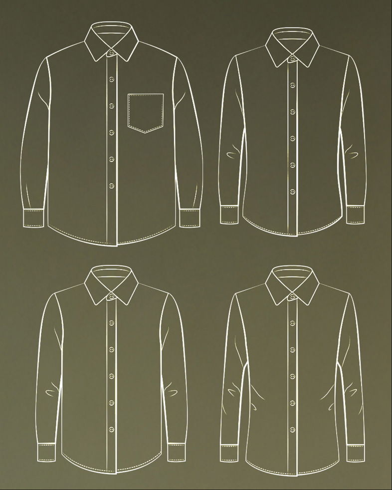 Vier weiße Hemd-Skizzen mit unterschiedlichen Passformen, jeweils mit Kragen, Knopfleiste und Manschetten, vor grünem Hintergrund.