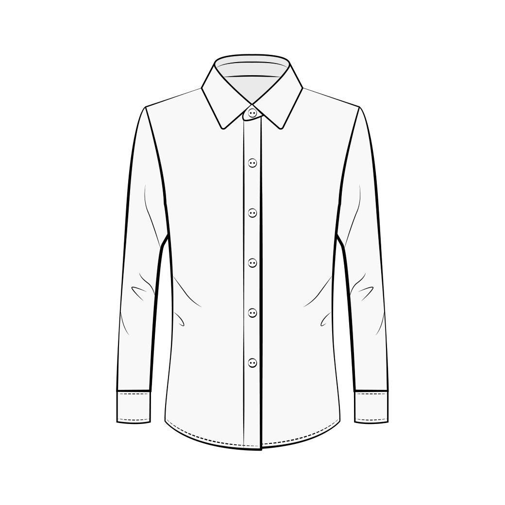 Zeichnung eines weißen Herren-Hemdes mit extra schmaler Passform, Kragen, Knopfleiste und langen Ärmeln.