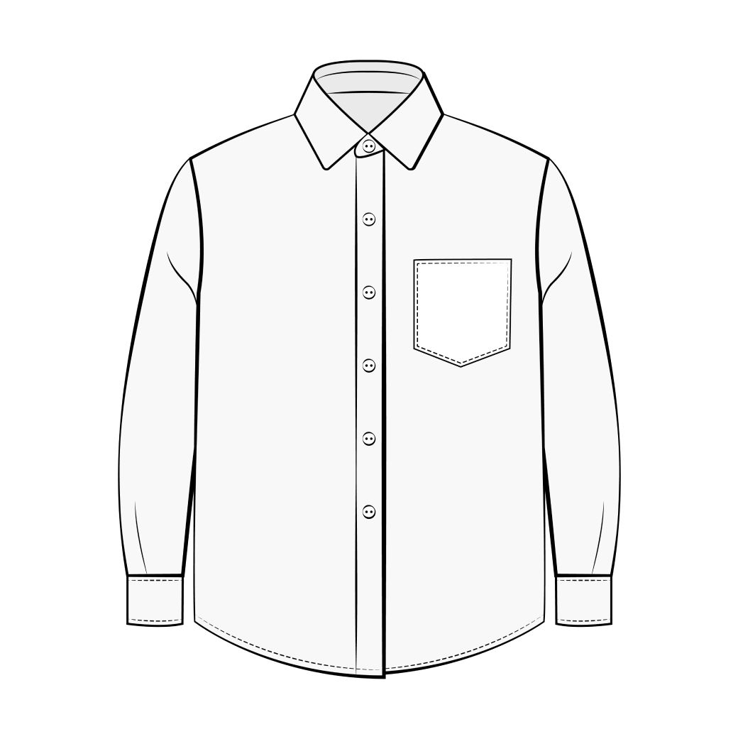 Übersichtliche Zeichnung eines oversized Herrenhemds mit Knopfleiste, Brusttasche, Hemdkragen und langen Ärmeln.
