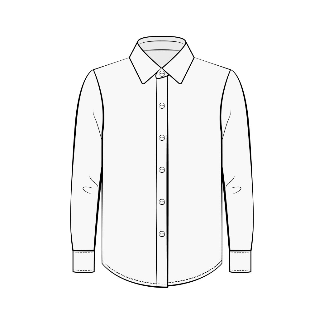 Zeichnung eines weißen Regular-Fit-Herrnhemds mit Knopfleiste, Kragen und langem Ärmel mit Manschetten.