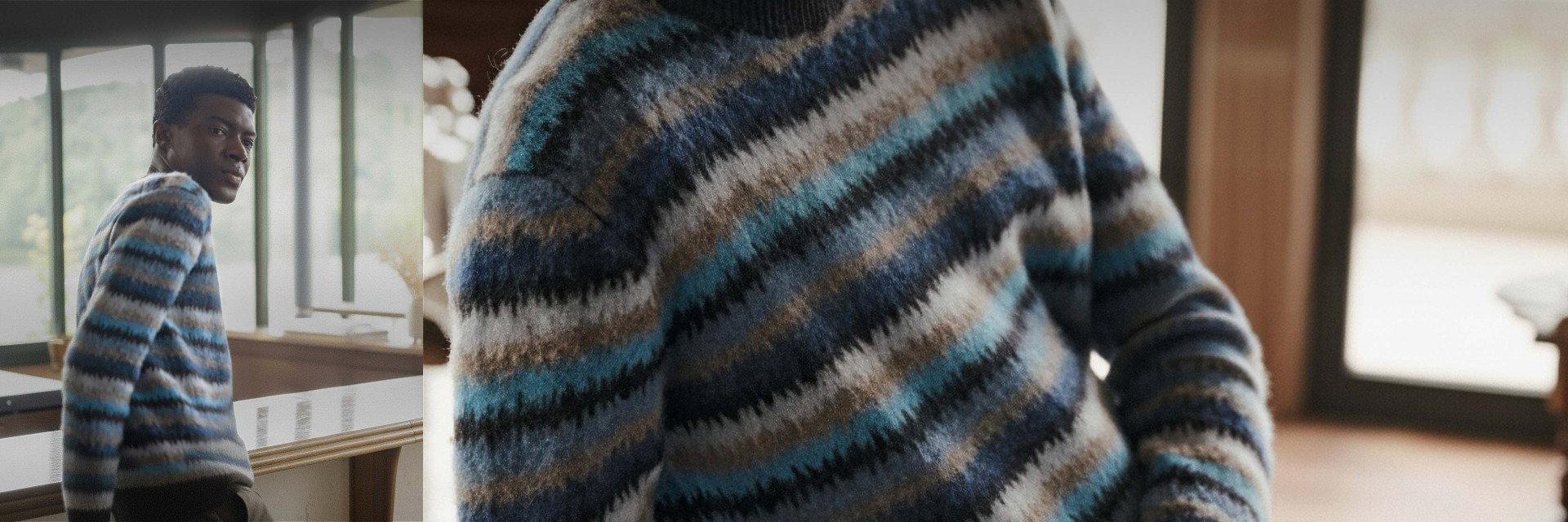 Mann trägt Rundhalspullover mit blau-weißen-beigen Zickzackstreifen, in zwei Ansichten, vor hellem Fenster sitzend. Mann trägt Rundhalspullover mit blau-weißen-beigen Zickzackstreifen, in zwei Ansichten, vor hellem Fenster sitzend.